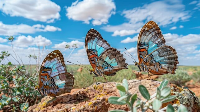 Three butterflies, including a striking blue one, are perched on a rock in a desert setting, with sparse greenery and vast blue skies behind them.