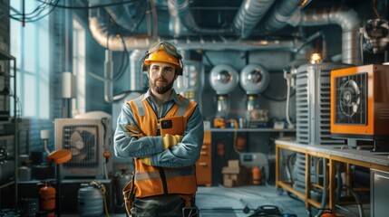 Fototapeta premium Portrait of a Skilled Industrial Air Conditioning Mechanic, Wearing Safety Gear, Holding Tools, and Standing in a Large, Well-Equipped Workshop with Various HVAC Units