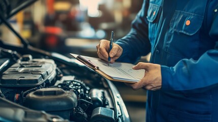 Mechanic Inspecting Car Engine: A close-up shot of a mechanic in blue overalls meticulously inspecting a car engine, their hand holding a clipboard and pen.