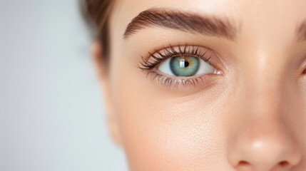 Naklejka premium Close-up of a beautiful eye with striking blue-green color, showcasing long lashes and well-defined brows against a soft background.