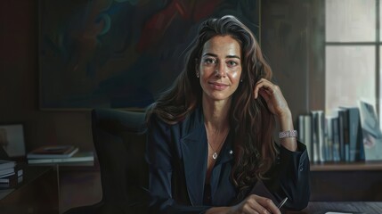 Fototapeta premium Tranquil businesswoman in a portrait, sitting in her office with a serene smile, a balance of work and well-being