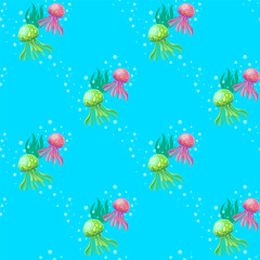 Seamless vector pattern with jellyfish. Marine pattern.
