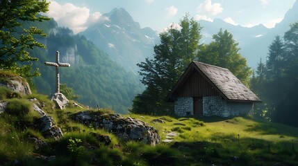 Quiet chapel in the mountains with a stone cross, serene and peaceful surroundings, spiritual and natural