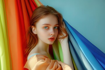 Portrait of beautiful woman selecting colors matching her appearance. Personal stylist consultation, color analyst.