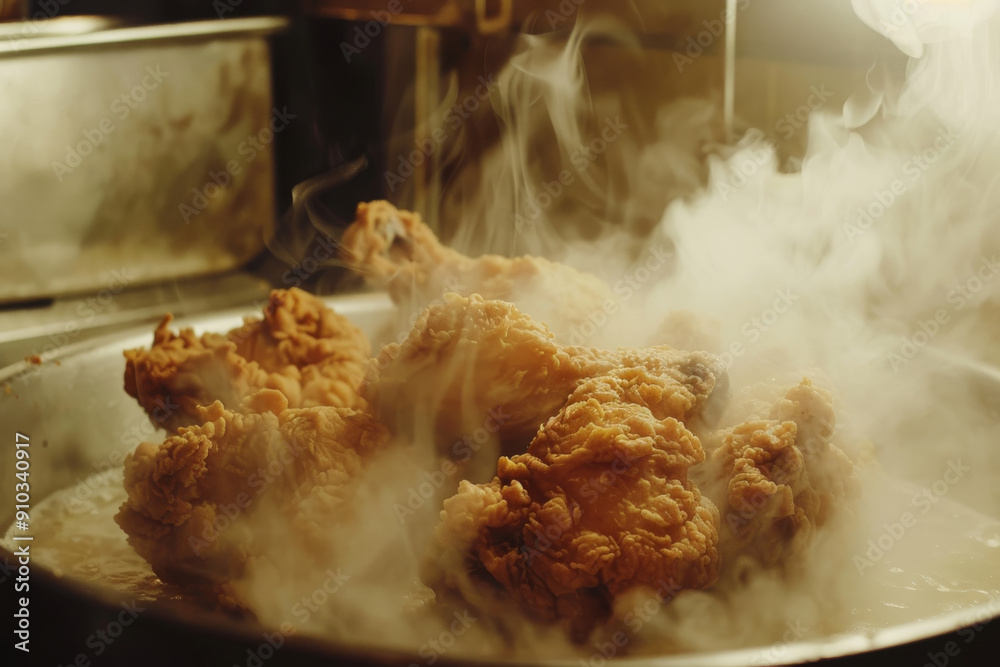 Wall mural a pan of fried chicken is steaming with smoke