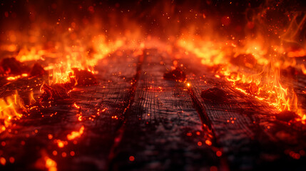 Wooden Surface Ablaze - Intense Fire and Embers