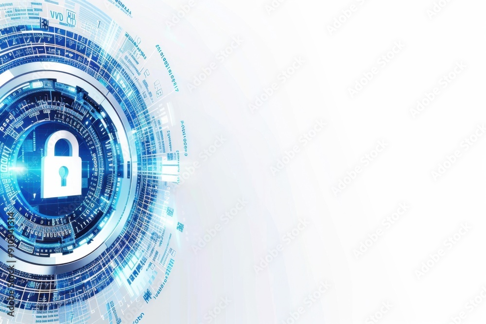 Poster a blue digital lock surrounded by white binary code on the left side of an abstract circle, represen