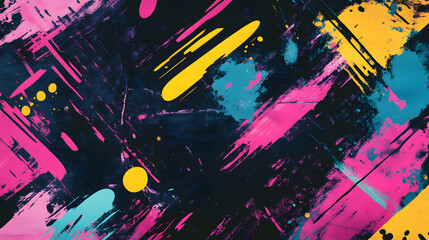 Naklejka premium Vibrant abstract background with dynamic brush strokes and splashes of pink, yellow, and blue on a dark canvas evoking creativity and energy