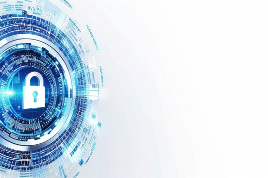 A blue digital lock surrounded by white binary code on the left side of an abstract circle, representing data security and cyber protection in virtual space Generative AI