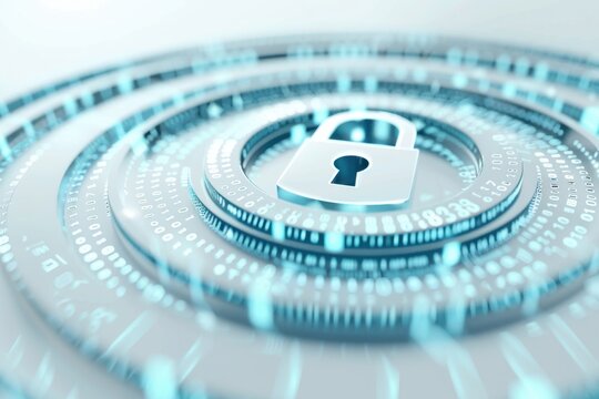 Digital security background with a lock symbol and binary code on a white background with a blue color scheme  Generative AI