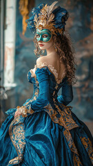 Obraz premium A woman in a blue dress with a mask on her face Passion Desire