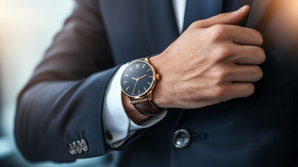 A man in a suit is wearing a watch and adjusting his jacket