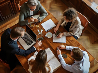 Group of legal professionals gathered around a conference table discussing and reviewing legal paperwork.