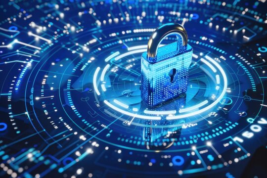 Digital security icon with a padlock and binary code on a white background, symbolizing data protection in cyber space with a blue color scheme Generative AI
