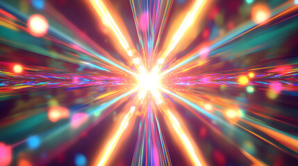 Obraz premium Brilliant beams of light radiate outward from a central explosion, creating a vibrant, colorful vortex filled with glowing particles and dynamic energy