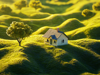 Naklejka premium Dream Home on a Green Hill: A miniature house nestled amidst rolling green hills, bathed in warm sunlight, evokes a sense of tranquility and peaceful living. 