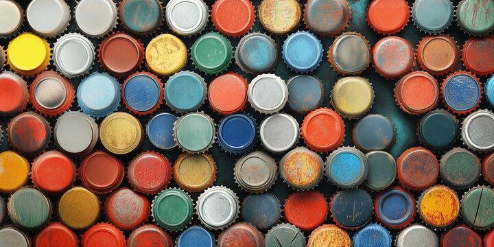 Background from round iron bottle caps, top view bunner.