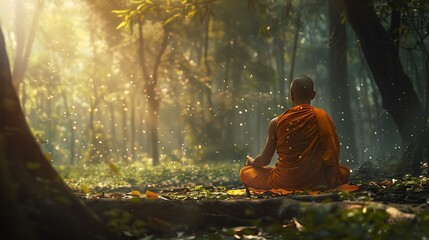 Buddhist monk meditating in a tranquil forest, surrounded by nature, calm and spiritual