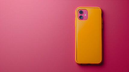 A flat lay shot of a minimalist smartphone mockup featuring a yellow back cover set against a vibrant pink background, creating a bold and modern visual contrast.