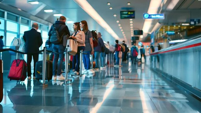 Lane of Waiting Blur People line at the check-in counter for airport travel transportation