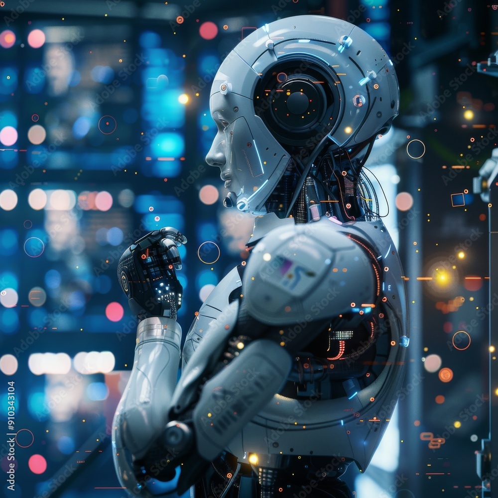 Poster futuristic robot in a high-tech environment with digital interface