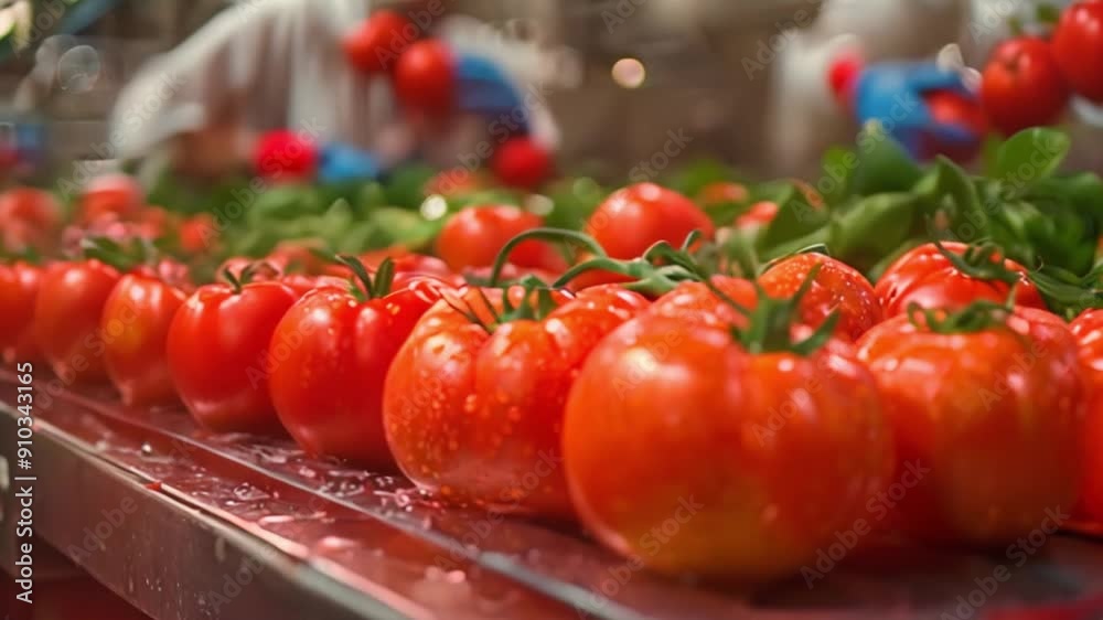Poster this workers sort vibrant tomatoes in a bustling processing facility.