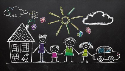 Obraz premium Family - little girl and boy holding hands with mother and father, cat, car, bird, House, sun, clouds, flowers, summer day. doodles are drawn by a child's hand with chalk on asphalt, school board.