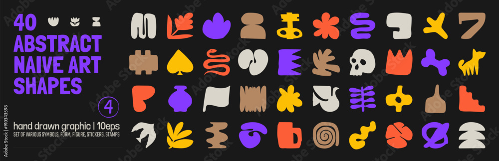 Poster Collection of various hand drawn bizarre abstract geometric unusual shapes, forms in matisse art style, Childish freehand aesthetic, Vector naive doodle primitive object and graphic elements, set 4