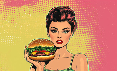 Expressive Pop Art Female Portraits with burger. Urban Backdrop 1960s style woman, pin up girl, bold lines and dots. Beautiful retro pin up woman poster.