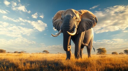 Obraz premium African elephant standing in a sunlit savannah, showcasing its enormous tusks.