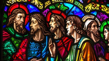 Stained glass window depicting a biblical scene, vibrant colors and intricate details, traditional and spiritual