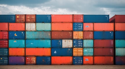 Stacked shipping containers showcasing a palette against a cloudy sky 