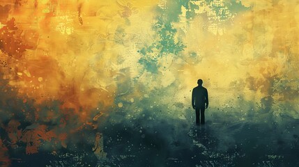 Obraz premium Abstract Art of a Solitary Figure in a Dreamlike Landscape with Vibrant Colors