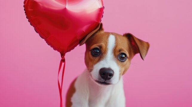 A brown and white dog holds a red heart-shaped balloon, perfect for valentines day or any occasion
