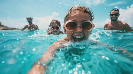 Fototapeta premium Happy family swimming in the sea with water splashing and laughing, family holiday in the water