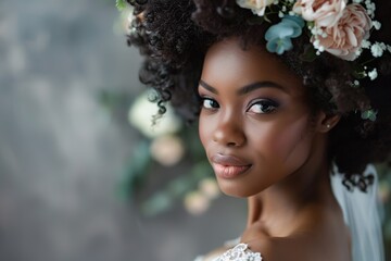 Naklejka premium Beautiful black bride with floral headpiece