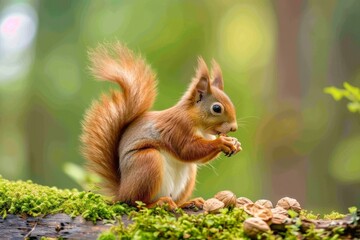 Obraz premium Sciurus vulgaris - Eichhörnchen mit einer Haselnuß. Beautiful simple AI generated image in 4K, unique.