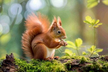 Sciurus vulgaris - Eichhörnchen mit einer Haselnuß. Beautiful simple AI generated image in 4K, unique.