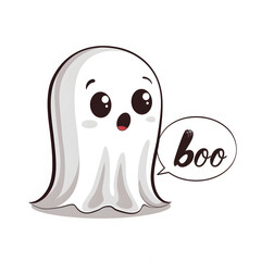 Obraz premium Cute Cartoon Ghost Expressing Surprise While Saying Boo in a Fun Halloween Theme