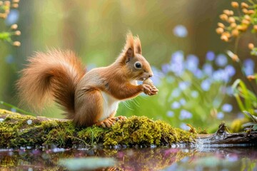 Red Squirrel Eating Nut in Spring Forest - Wildlife with Fluffy Tail in Natural Habitat. Beautiful simple AI generated image in 4K, unique.