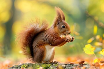 Fototapeta premium Red Squirrel Eating Nut in Spring Forest - Wildlife with Fluffy Tail in Natural Habitat. Beautiful simple AI generated image in 4K, unique.