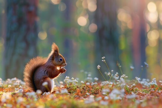 Sciurus vulgaris - Eichhörnchen mit einer Haselnuß. Beautiful simple AI generated image in 4K, unique.