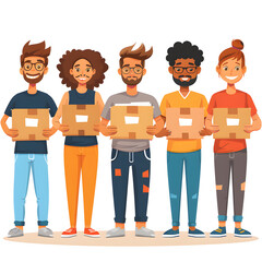 Naklejka premium Illustration of four people holding boxes, dressed warmly in winter clothing, ready for a community service or donation event.