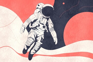 Astronaut floating in a stylized red and black space