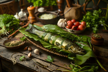 Preparing Fish in Banana Leaf old Indian kitchen