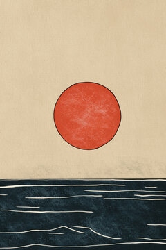 Big red sun setting over a calm ocean minimalist illustration