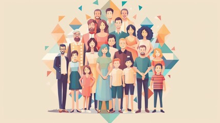 Stylish geometric design featuring reunion family icons, perfect for creating a modern backdrop to commemorate the reunion of loved ones with warmth, nostalgia, and the joy of reconnecting.