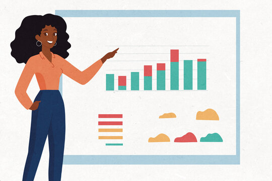 Businesswoman pointing at growing chart on whiteboard during presentation