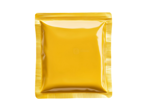Short square yellow blank plastic foil pouch isolated on transparent or white background - Powered by Adobe