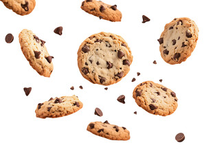 Falling chocolate chip cookies isolated on transparent or white background